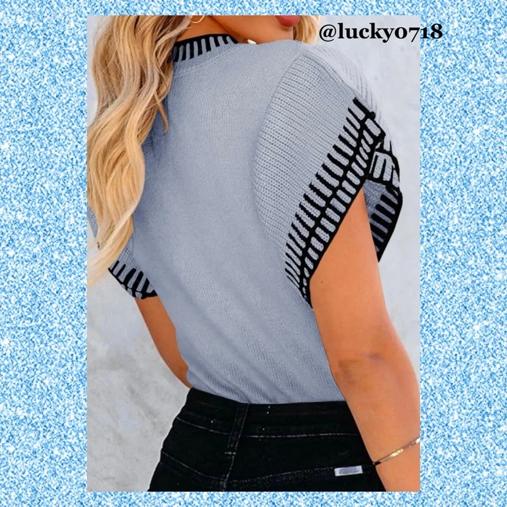 Saodimallsu EUC Ruffle Short Flutter Sleeve Knit Sweater Top in Blue Sz S - Picture 3 of 8